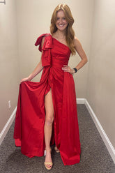 Red Prom Dress One Shoulder A Line Long Formal Dress With Slit